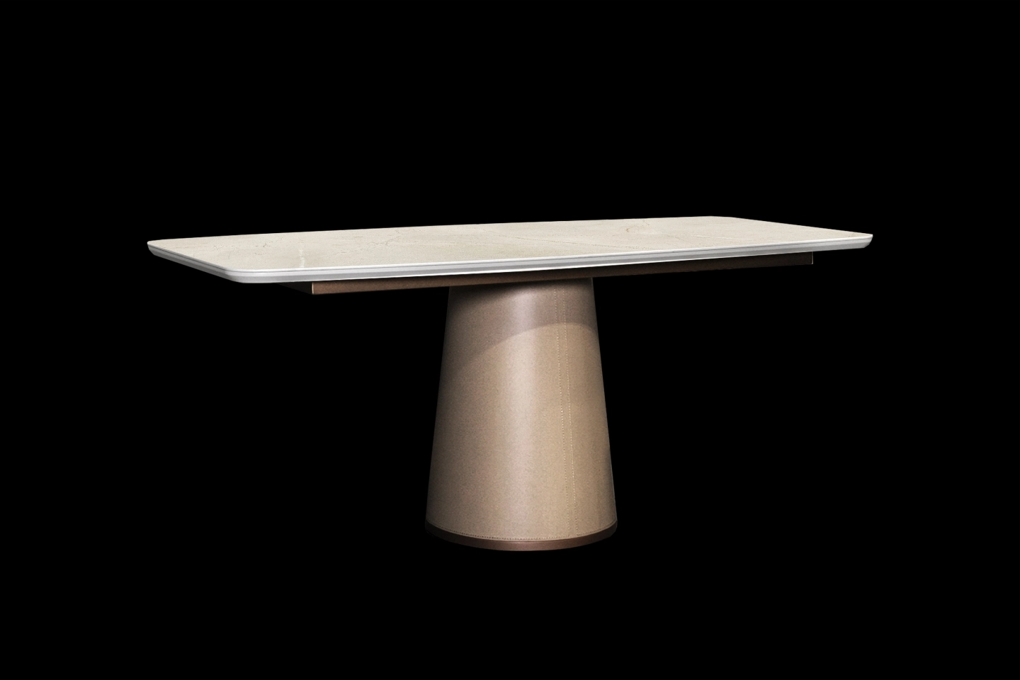 卡其色馬鞍皮革包覆餐桌腳座,義大利陶板訂製餐桌桌面