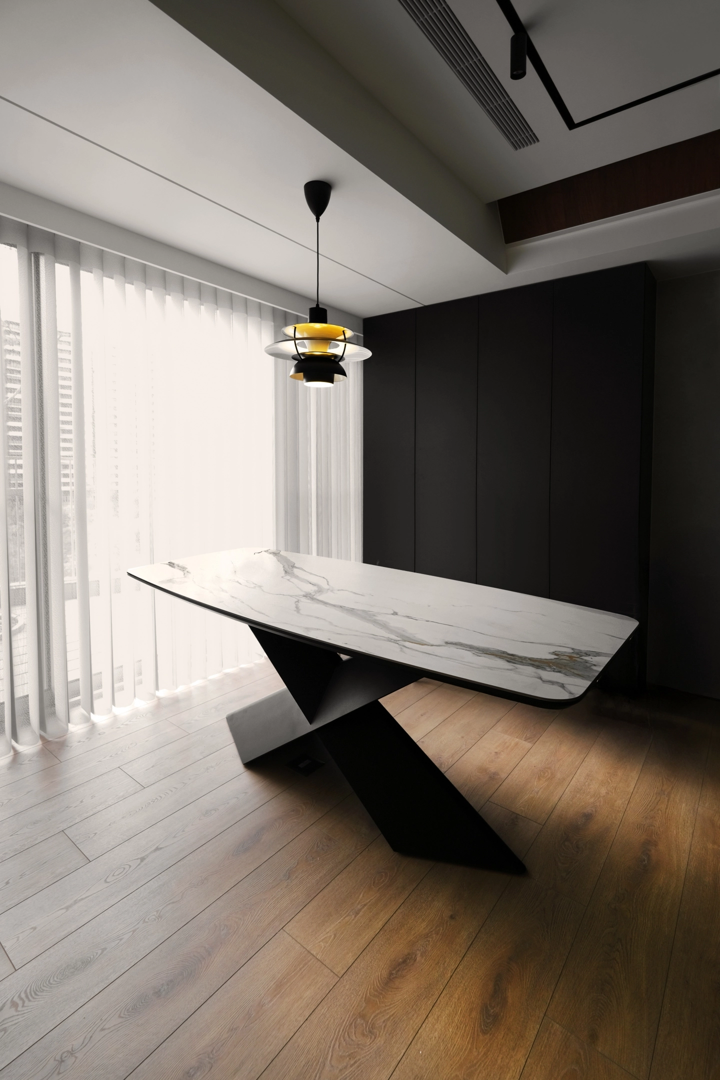 烤漆金屬設計款餐桌腳座搭配白色石紋桌面