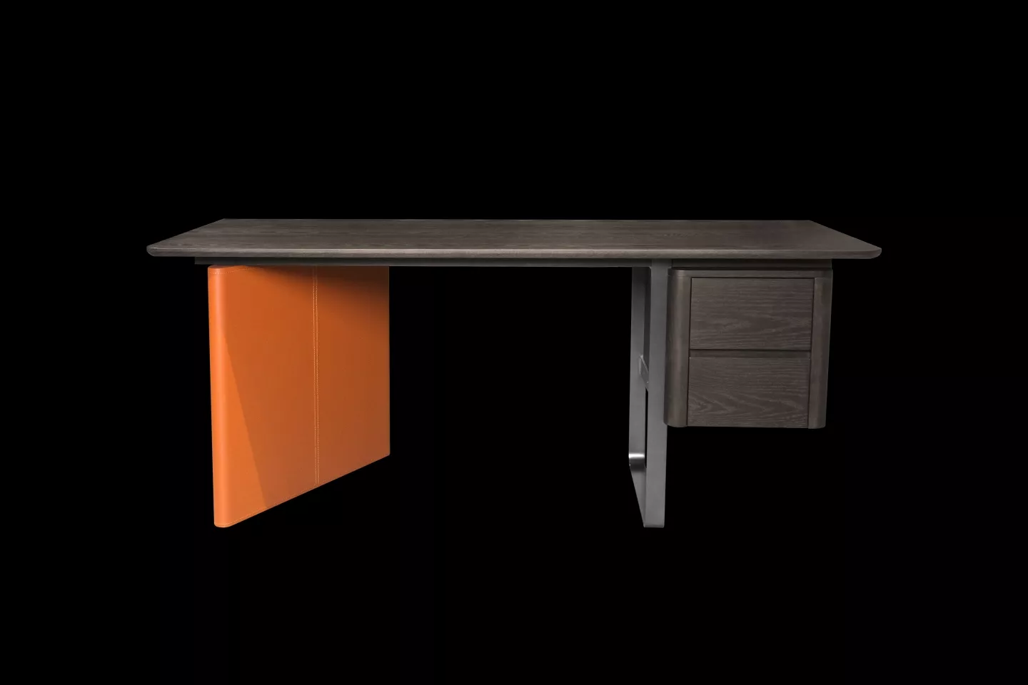 書桌材質為全實木桌面搭配不鏽鋼桌腳與橘色馬鞍皮