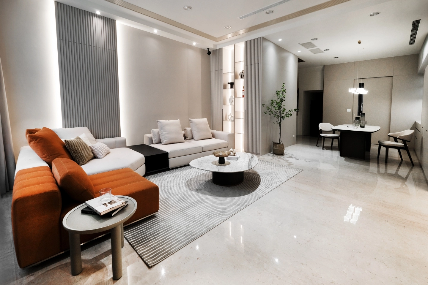 客廳沙發組白色布款沙發搭配橘色布款沙發,天然石材茶几桌面