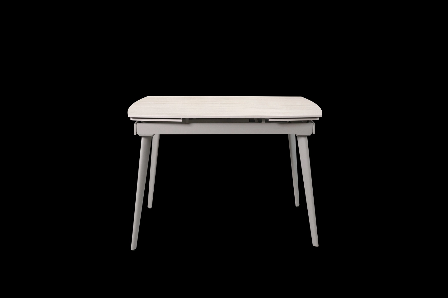 米白色岩板伸縮餐桌搭配白色鐵腳座造型伸縮桌款