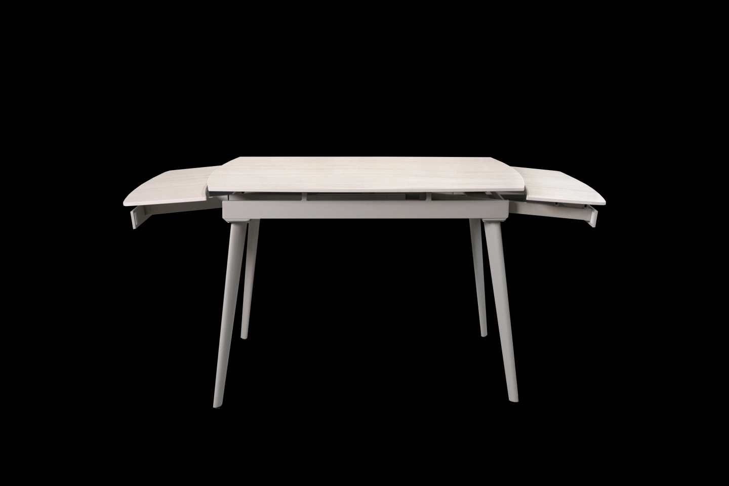 白色鐵件餐桌底座搭配米白色岩板伸縮餐桌展開示意